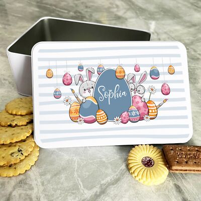 Süße Hasen mit Ostereiern blau personalisiert Geschenk Keks Süßigkeiten Leckerli Dose