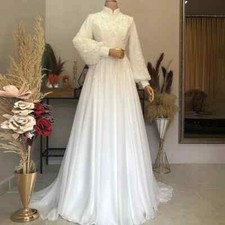 Arabic Muslim Wedding Dresses High Neck Lace Applique Bridal Gowns Full Sleeves