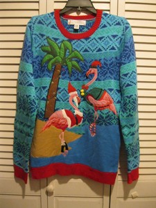 Women's PINK FLAMINGO Christmas Sweater Blue Fair Isle Palm Trees UGLY SWEATER | eBay