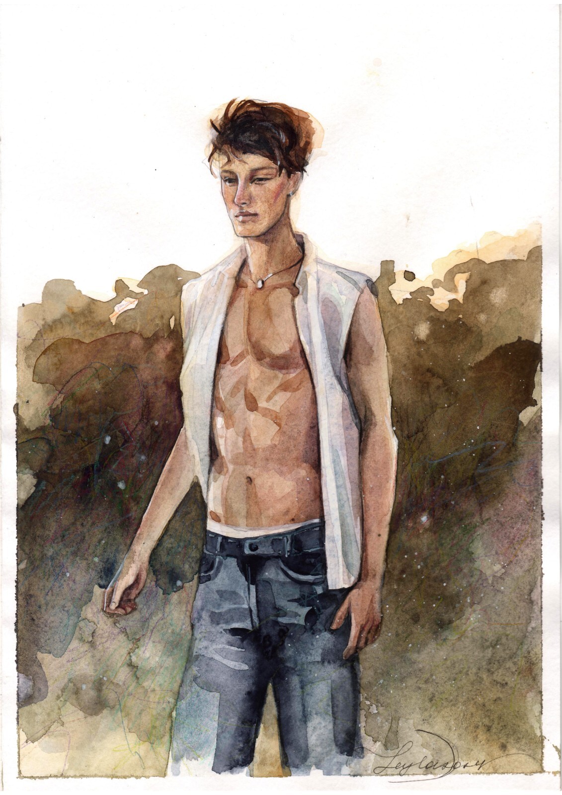 Original Watercolor Painting Male Figure Wall Art Man in Nature Painting