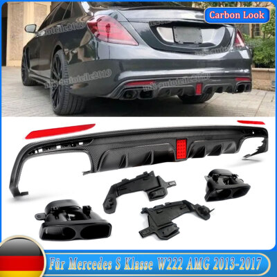 Für Mercedes S Klasse W222 13-17 Carbon Look Heckdiffusor Lippe mit Endrohren 