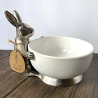White Porcelain Metal Bunny Rabbit Candy Dish Bowl Farm Cottage Core Spring Deco