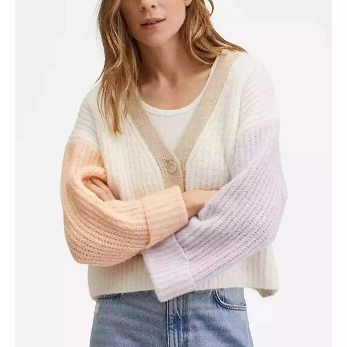 Mango, Size M, Colorblock Knit Cardigan Alpaca Wool Blend Chunky Knit Sweater