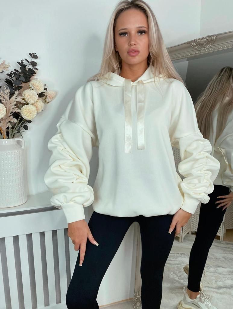 RUCHED SLEEVE HOODIE WITH RIBBON DETAIL | – NAATSHA CO LTD