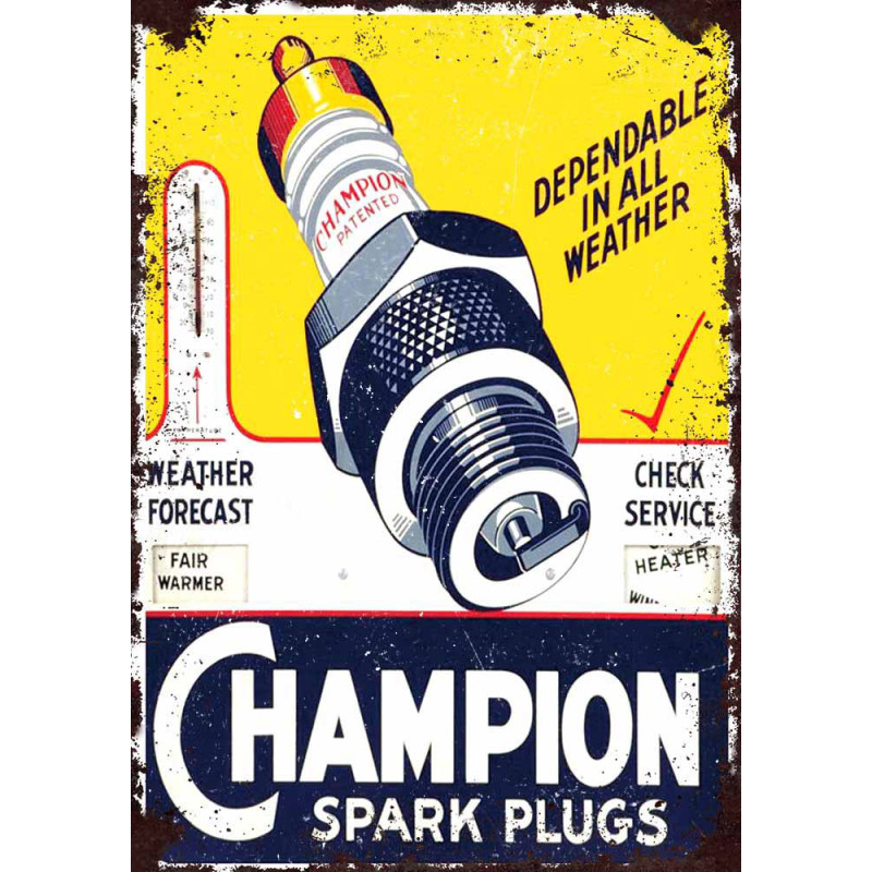 Plaque métal Champion spark plugs : donnez un style loft rétro à votre salon ou bureau
