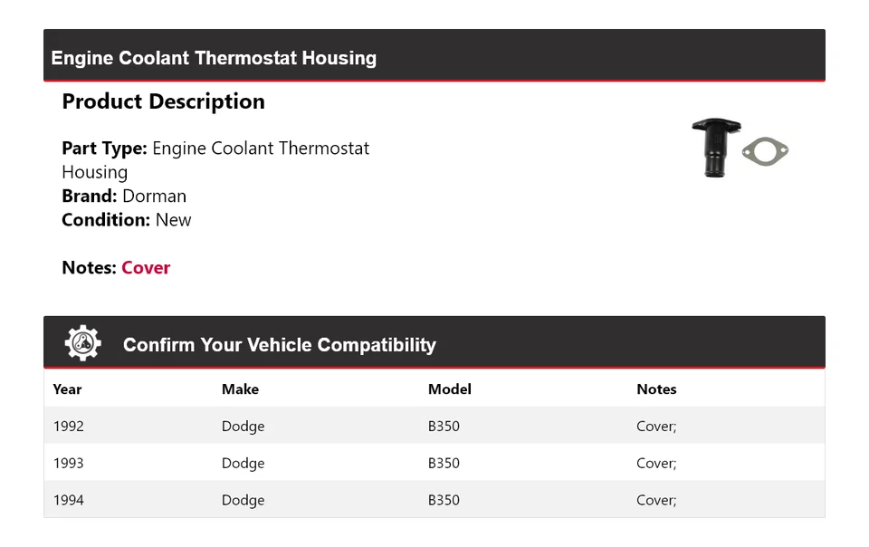 Carcasa termostato refrigerante motor Dodge B350 Dorman 1992-1994 1993 Foto 2 de 4