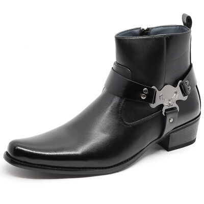 Black Men's Belt Strap Studded Western Cowboy Dress Boot