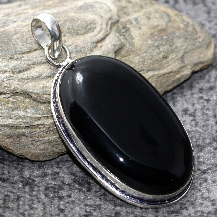 925 Silver Plated Black Onyx Ethnic Pendant Handmade Jewelry Size 2.1