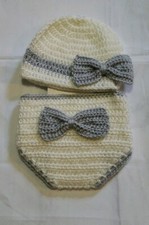 Baby Hat Diaper Cover Crocheted 0-9 month White Gray Bow Photo Prop Newborn