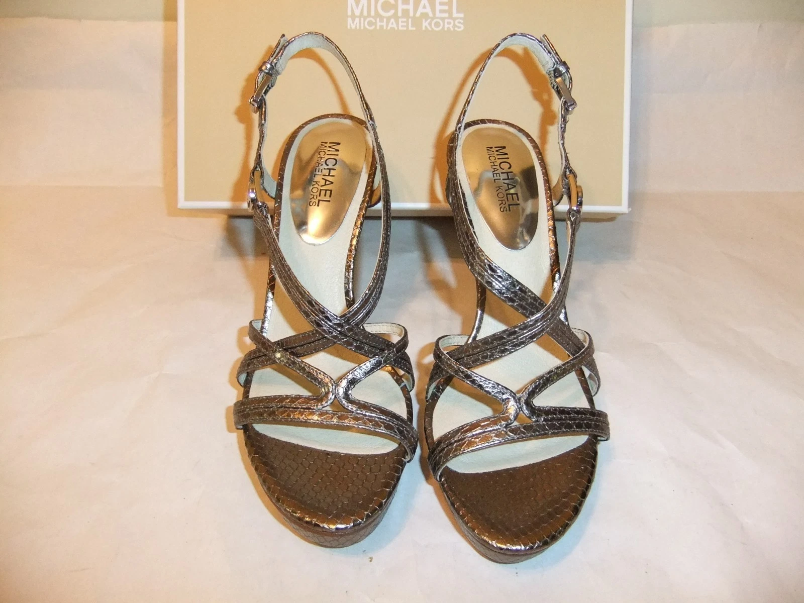 Sandalo elegante MICHAEL KORS Cicely grigio pelle nichel tacco taglia 9 5 nuovo con scatola $ 165