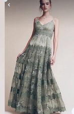 BHLDN Anthropologie Joni Maxi Dress Light Green Embroidered Silk Lace Formal  10