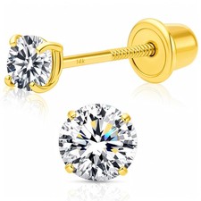 14k Yellow Gold Small Cubic Zirconia Solitaire CZ Stud Earrings with Screw B...
