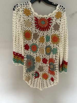 Adore Boho Crochet Floral Knit Top Size Large Boho Hippie Festival Colorful
