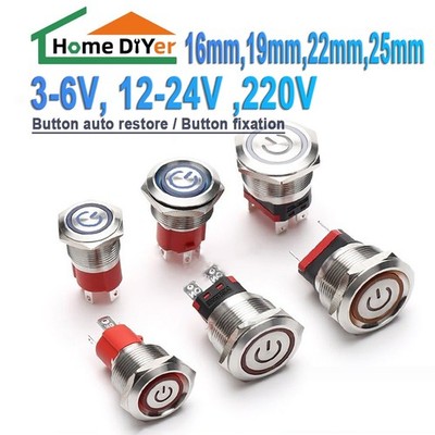 16mm-25mm Metal LED Power symbol Push Button Momentary Latching Switch 3-220V
