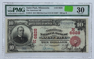 #ad 1902 $10 Bill National Currency St Paul MN #6828 PMG 30 Very Fine 497 JILFM $1461.38
