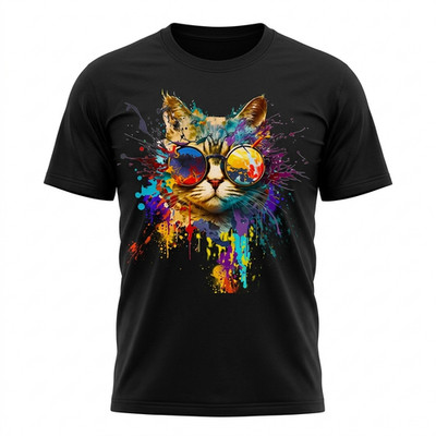 Colorful Abstract Paint Cat Sunglasses Double Sided T-Shirt Art Pop Men Tee