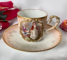 Antique Bone China Demitasse Espresso Cup & Saucer Watteau Scene Elite Limoges