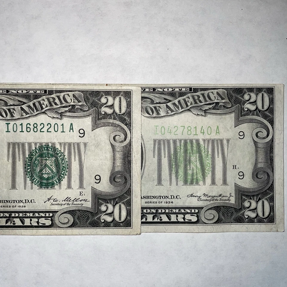1928 $20 Dollar Bill & 1934 20 Dollar Federal Reserve Notes “Redeemable In Gold” - Image 2 of 4