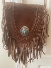 American West Brown Leather Crossbody Fringe Handbag w /Concho