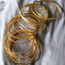 Gold Tone Stackable Metal Bangle Bracelet Set, Round, No Stone