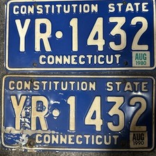 Vintage Connecticut License Plates Matching Pair 1980 Constitution State #YR1432