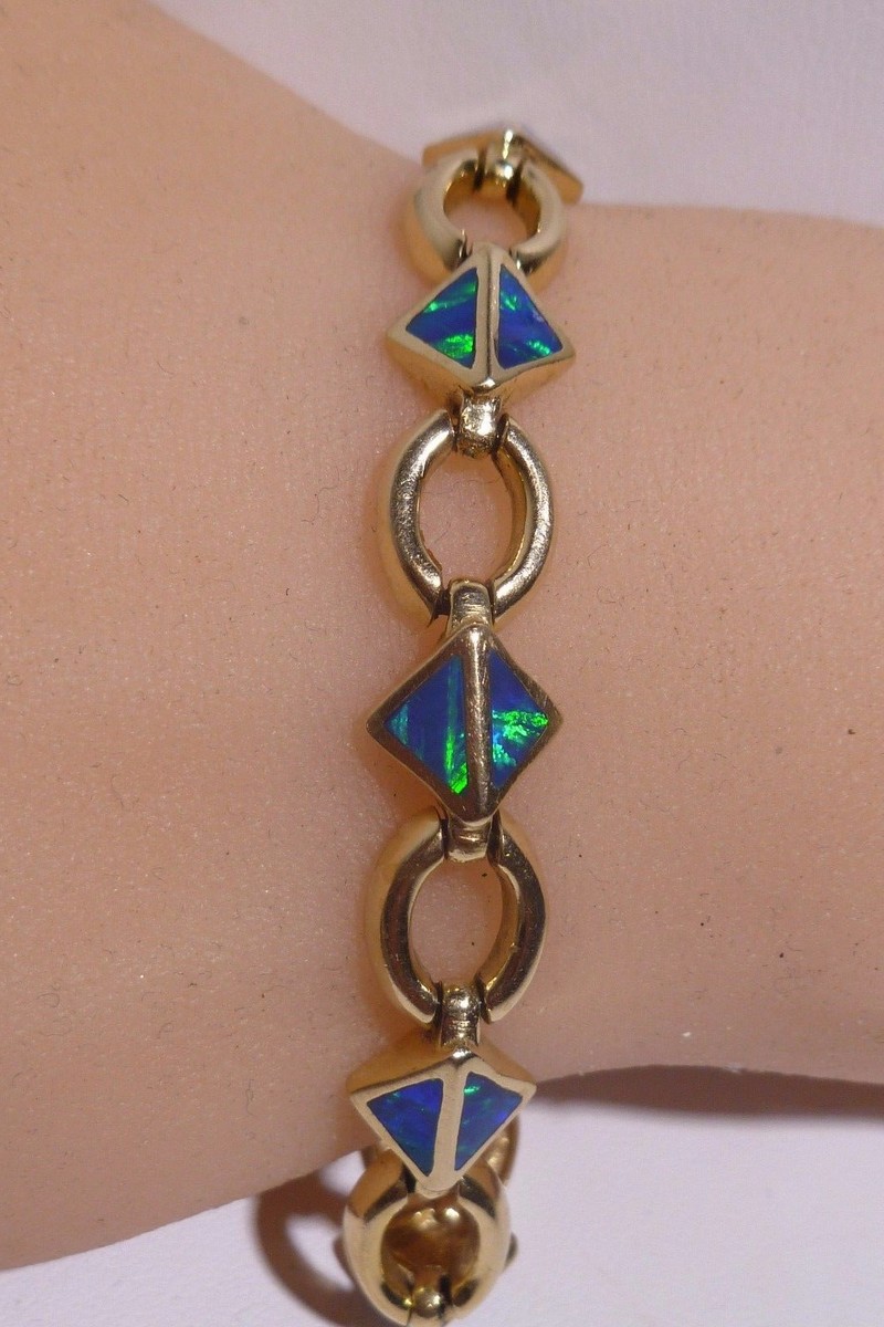 14kLink Bracelet with Blue-Green  Inlay 14K yellow gold Beautiful Natural blue-green Opal Inlay Bang main image 3