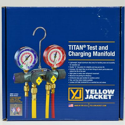 Yellow Jacket 49965 TITAN 4-Valve Manifold with Charging Hoses for 