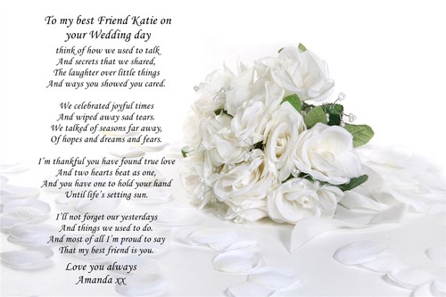 PERSONALISED POEM TO SISTER OR BEST FRIEND ON WEDDING DAY A4 OR BIG CANVAS A3