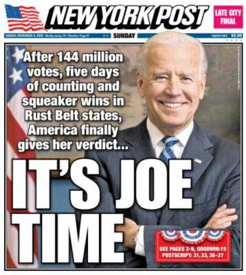 NEW YORK POST NEWSPAPER IT'S JOE TIME   BLISS TO ABYSS   11/8/20   