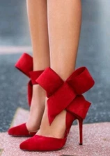 RED soft velvety suede Bow Ankle Strap 4.5 inch Pumps Heels stelitto