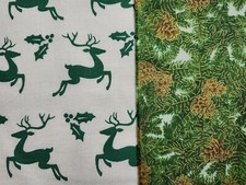 Lot 2 3 Yard Cuts Holiday Reindeer Holly Pinecones Evergreens Cotton Fabrics