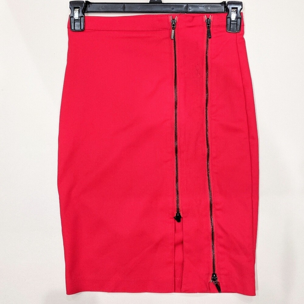 Vintage 90s Pencil Skirt Bright Red Double Zipper XOXO Midi Length Party  EUC