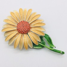 Vintage Silver Tone Orange Yellow Enamel Daisy Brooch 3  