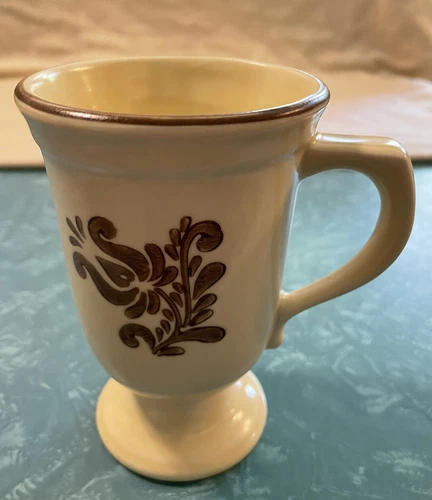 Vintage Pfaltzgraff Village Pattern Footed Pedestal Coffee/Tea Mug Cream & Brown