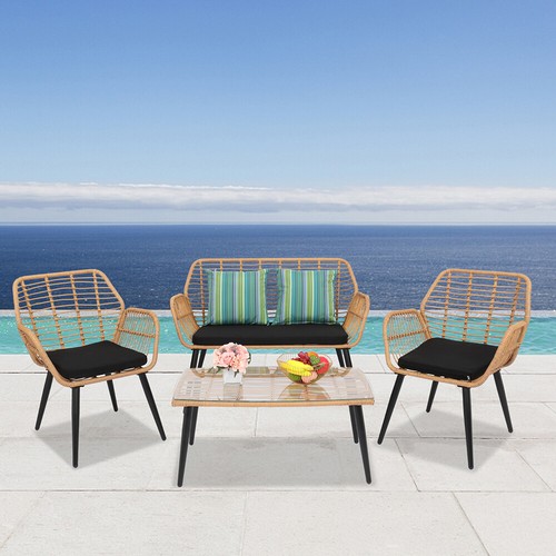 Outdoor Rattan 4-Piece Patio Furniture Set Loveseat Chair Table For Backyard - Picture 7 of 12