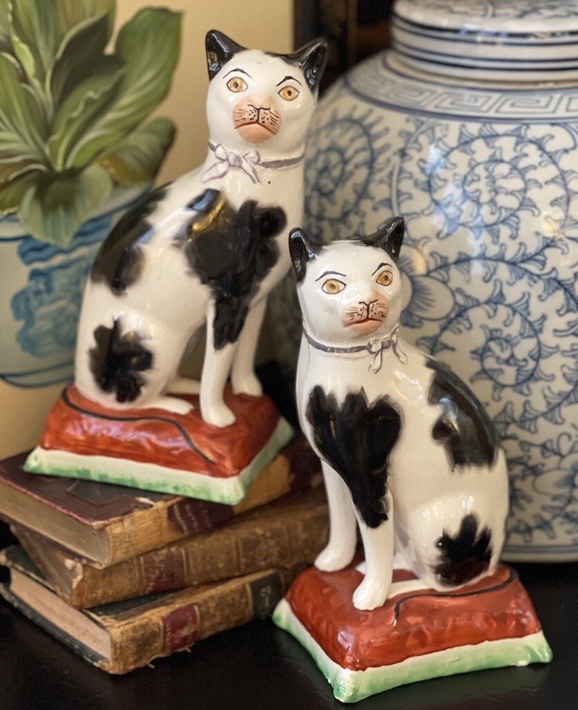 Marvelous Large Rare Antique English Staffordshire Black White Red Cat Pair 7”