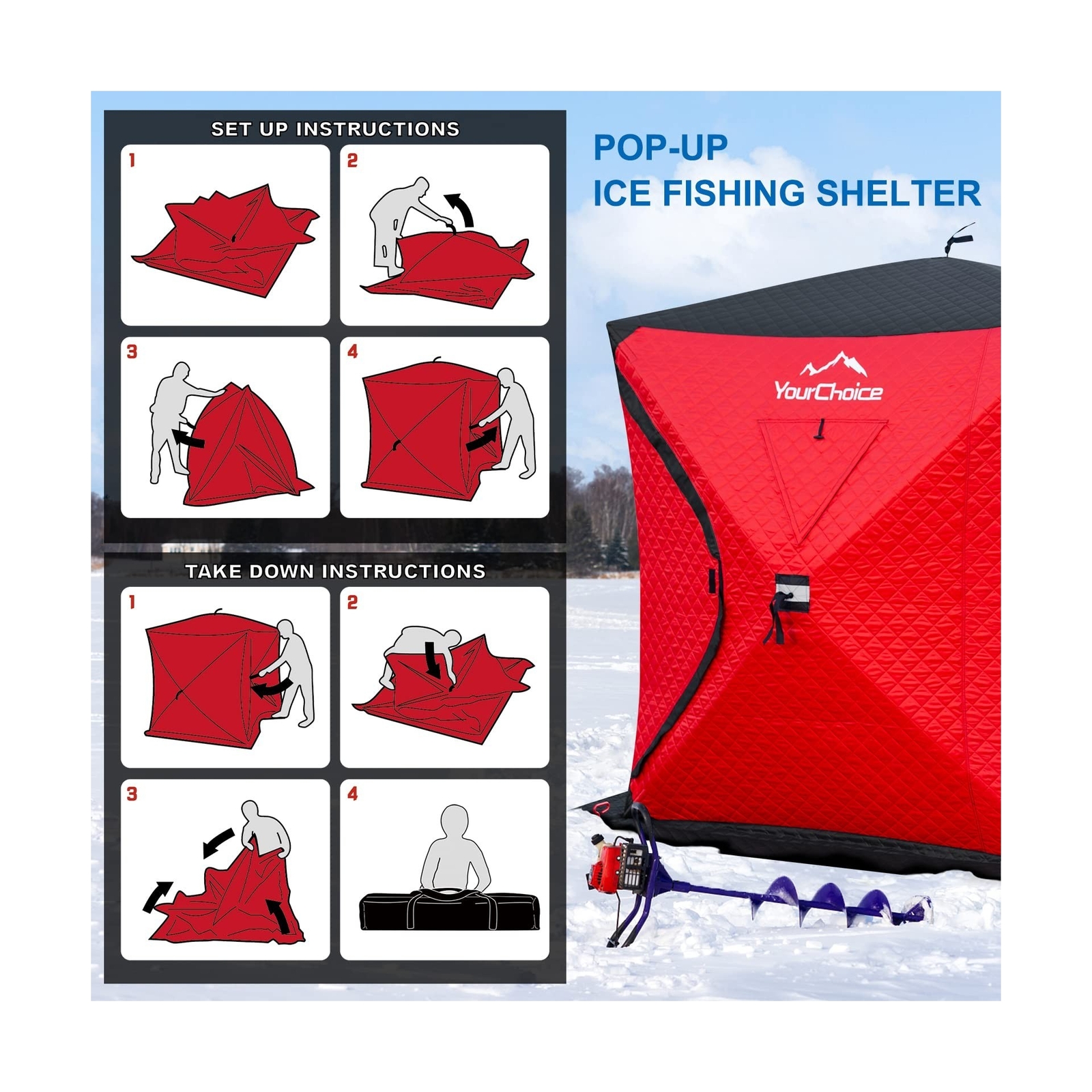 Your Choice Pop Up 3-4 Person Ice Fishing Shelter, Fully Insulated Ice Fishin...