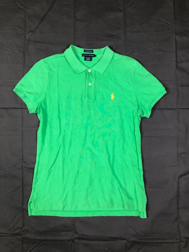 Ralph Lauren Polo Shirt Girls L Green Skinny Polo Mesh Orange Pony Logo - Image 2 of 4