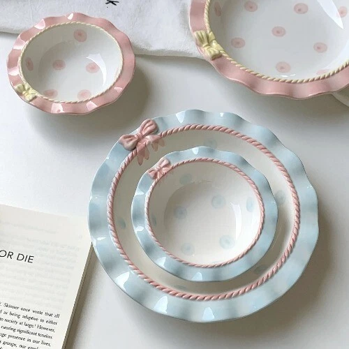 INS Style Korean Style Girl Heart Pink Ceramic Tableware Set Bow Cute Deep Plate - Image 4 of 4