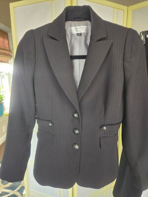 Tahari Arthur S Levine Size 0P Petite Black Pant Suit Fine Velvet Ribbing 