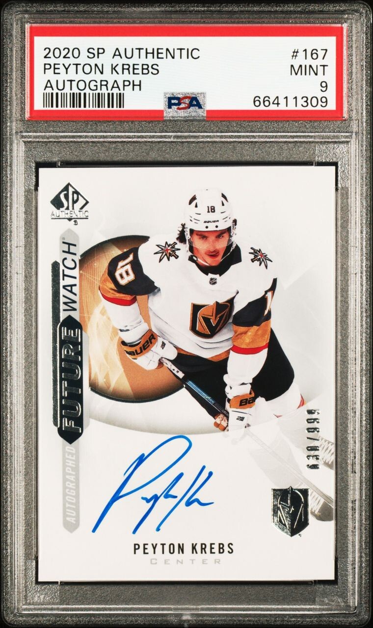 Peyton Krebs 2020 Upper Deck SP Authentic Future Watch Auto 630/999 RC PSA 9