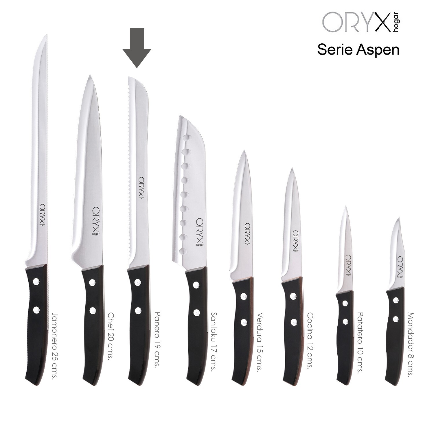 Oryx - Cuchillo Aspen Panero Hoja Acero Inoxidable 19 Cm. Negro