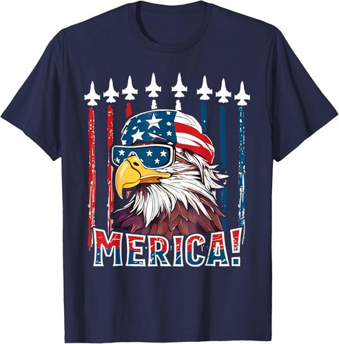 Merica USA Flag American Bald Eagle Patriotic Eagle 4th of July Unisex T-Shirt - Picture 3 of 9