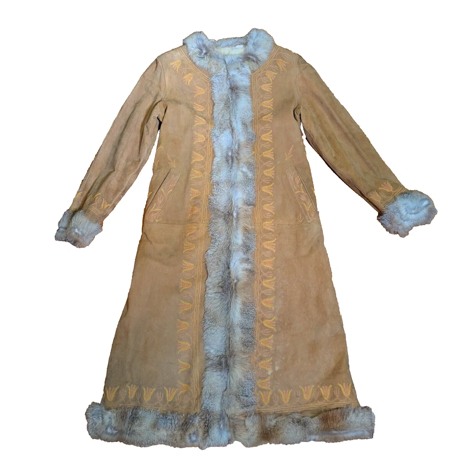 Vintage 60s Penny Lane Embroidered Suede Coat With Rabbit Fur Trim Sz S - Image 2 of 4