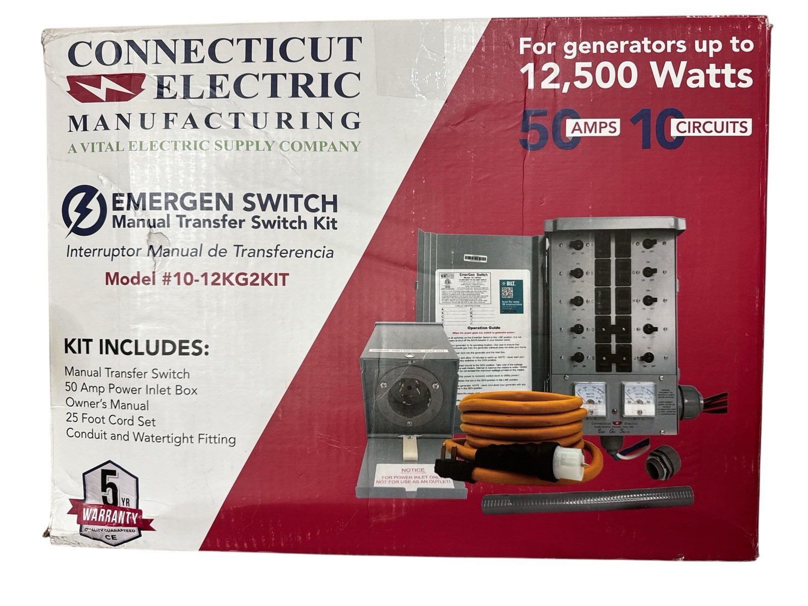 Emergen Manual Transfer Switch Kit w/50A Inlet Box & 25' Cord 10-12KG2KIT (OB)