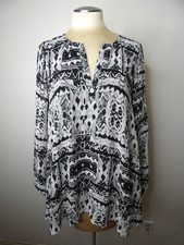 Show Me Your Mumu Women's M Boho Tunic Top Sheer Sleeve Black White Ikat Print