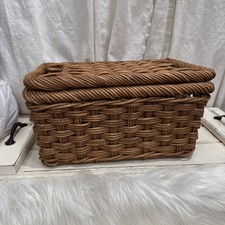 Hand Woven Wicker Rattan Storage Basket Lid Handle Holes Bin Box Organizer VTG
