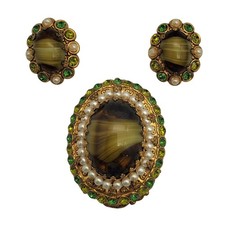 Pendientes de clip de Alemania Occidental broche verde pórfido arte vidrio estrás perla de colección