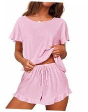 Women's Pajama Set Ruffle Sleeves Top and Short Soft 2 Piece Large Icy Pink