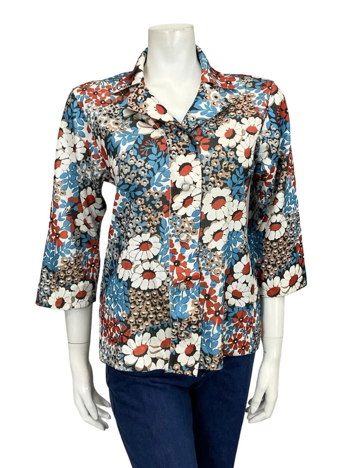 VTG 60S 70S JAPANESE BLUE WHITE BROWN BLACK FLORAL CROPPED SLEEVE SHIRT 12 - Image 4 of 4